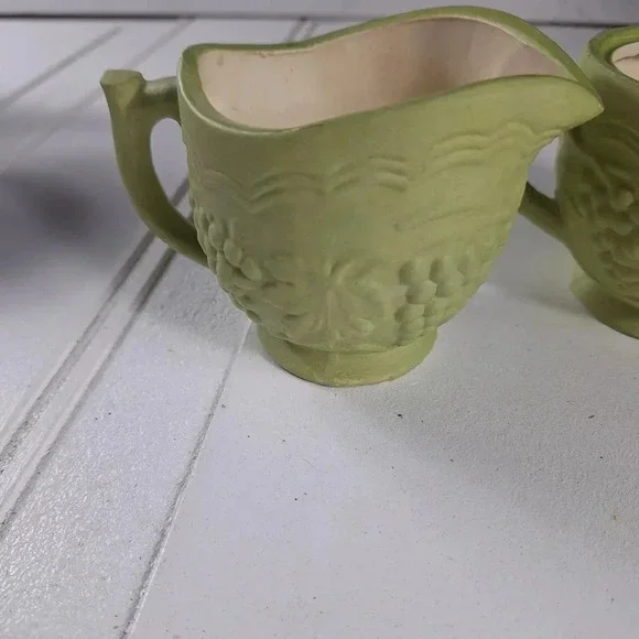 Arnels Vintage Creamer & Sugar Cup Grape Design Green Pottery - Picture 9 of 11